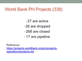 World Bank PH Projects (338)
• 27 are active
• 26 are dropped
• 268 are closed
• 17 are pipeline
• Reference:
https://projects.worldbank.org/en/projects-
operations/projects-list
 
