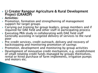  L) Greater Rangpur Agriculture & Rural Development
Project (GRARDP)
 Activities:
 Promotion, formation and strengthening of management
support for target groups
 Carrying out training for group leaders, group members and if
required for DAE field and other staff in participating process
 Executing PRA study in collaborating with DAE field staff
Generally assisting in targeted delivery of services to the rural
poor
 Pre-credit services, credit outreach, delivery and recovery of
backstopping and monitoring promotion of savings
 Promotion, development and monitoring by group activities
 Development of innovative credit mechanism, e.g. establishment
of small rotating credit funds managed by groups themselves,
rental or hired purchase of farm implements, irrigation pumps
and motors etc.
 