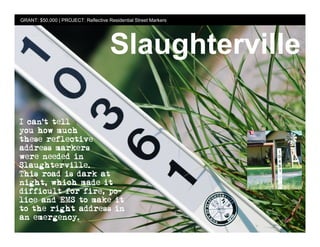 GRANT: $50,000 | PROJECT: Reflective Residential Street Markers




                                      Slaughterville
 