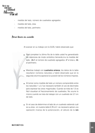 245
M A T E M Á T I C A
Hacia una
mejor
calidad
de la
educación
rural
- medida del lado, número de cuadrados agregados
- medida del lado, área
- medida del lado, perímetro
Para tener en cuenta
Al avanzar en su trabajo con la GUÍA, habrá observado que:
Para completar la última fila de la tabla usted ha generalizado
las relaciones de modo simbólico llamando nnnnn a la medida del
lado; 2n-12n-12n-12n-12n-1 al número de cuadrado agregados; nnnnn22222
al área y 4n4n4n4n4n
al perímetro.
Mientras trabajó con cuadrados enteroscuadrados enteroscuadrados enteroscuadrados enteroscuadrados enteros, los datos de la tabla
resultaron números naturales y habrá observado que en la
segunda columna aparecía la sucesión de los números impares.
Al tomar como medida del lado un número comprendido entre
los naturales 1 y 2, fue necesario también el uso de decimales
para expresar las otras magnitudes. Cuando se trata de 1,5 es
fácil visualizar el fraccionamiento de cuadrados. No ocurre lo
mismo cuando se trata de trabajar con un cuadrado de 3,7 cm
de lado.
En el caso de determinar el lado de un cuadrado sabiendo cuál
es su área - en nuestra tabla 5,76 cm2 - es necesario aplicar una
operación inversa de la potenciación, el cálculo de la raízraízraízraízraíz
 