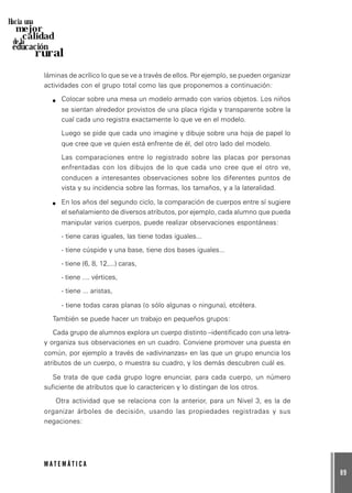 89
M A T E M Á T I C A
Hacia una
mejor
calidad
de la
educación
rural
láminas de acrílico lo que se ve a través de ellos. Por ejemplo, se pueden organizar
actividades con el grupo total como las que proponemos a continuación:
Colocar sobre una mesa un modelo armado con varios objetos. Los niños
se sientan alrededor provistos de una placa rígida y transparente sobre la
cual cada uno registra exactamente lo que ve en el modelo.
Luego se pide que cada uno imagine y dibuje sobre una hoja de papel lo
que cree que ve quien está enfrente de él, del otro lado del modelo.
Las comparaciones entre lo registrado sobre las placas por personas
enfrentadas con los dibujos de lo que cada uno cree que el otro ve,
conducen a interesantes observaciones sobre los diferentes puntos de
vista y su incidencia sobre las formas, los tamaños, y a la lateralidad.
En los años del segundo ciclo, la comparación de cuerpos entre sí sugiere
el señalamiento de diversos atributos, por ejemplo, cada alumno que pueda
manipular varios cuerpos, puede realizar observaciones espontáneas:
- tiene caras iguales, las tiene todas iguales...
- tiene cúspide y una base, tiene dos bases iguales...
- tiene (6, 8, 12,...) caras,
- tiene .... vértices,
- tiene ... aristas,
- tiene todas caras planas (o sólo algunas o ninguna), etcétera.
También se puede hacer un trabajo en pequeños grupos:
Cada grupo de alumnos explora un cuerpo distinto –identificado con una letra-
y organiza sus observaciones en un cuadro. Conviene promover una puesta en
común, por ejemplo a través de «adivinanzas» en las que un grupo enuncia los
atributos de un cuerpo, o muestra su cuadro, y los demás descubren cuál es.
Se trata de que cada grupo logre enunciar, para cada cuerpo, un número
suficiente de atributos que lo caractericen y lo distingan de los otros.
Otra actividad que se relaciona con la anterior, para un Nivel 3, es la de
organizar árboles de decisión, usando las propiedades registradas y sus
negaciones:
 