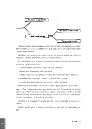 90
M ó d u l o 1
Al hacer circular los cuerpos por un árbol como éste, se lo puede hacer crecer
con bifurcaciones sucesivas observando qué propiedades sirven para establecer
diferencias entre ellos.
Quedarán así caracterizadas ciertas clases de cuerpos: poliedros, poliedros
regulares, prismas, pirámides, conos, cilindros, esferas.
La idea de volumen y la de superficie circundante de un cuerpo se desarrollan
a partir de experiencias como:
- Construcciones con cubos, cajas, bloques, etcétera;
- Desarmado de envases, cajas, etcétera;
- Inflado y desinflado de globos; compresión y expansión de un acordeón;
- Modelado con materiales blandos como plastilina o masa;
- Armado de «esqueletos» de cuerpos con varillas, etcétera.
Para el reconocimiento de distintos cuerpos y figuras puede proponerse:
Nivel 1: ¿Qué huellas dejan las caras de los cuerpos? Comparación de huellas
dejadas por distintos cuerpos (prismas rectos, pirámides, cilindros, conos)
Denominación y reconocimiento de:cuerpos con caras curvas y/o caras planas;
círculos, cuadrados, rectángulos y triángulos.
¿Quién puede anticipar la forma de la huella y luego comprobar si estuvo en lo
cierto?
¿Quién puede hallar el cuerpo e identificar la cara que fue estampada por
otro?
 