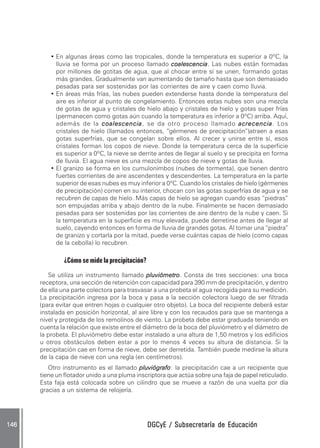 • En algunas áreas como las tropicales, donde la temperatura es superior a 0ºC, la
           lluvia se forma por un proceso llamado coalescencia Las nubes están formadas
                                                      coalescencia.
           por millones de gotitas de agua, que al chocar entre sí se unen, formando gotas
           más grandes. Gradualmente van aumentando de tamaño hasta que son demasiado
           pesadas para ser sostenidas por las corrientes de aire y caen como lluvia.
         • En áreas más frías, las nubes pueden extenderse hasta donde la temperatura del
           aire es inferior al punto de congelamiento. Entonces estas nubes son una mezcla
           de gotas de agua y cristales de hielo abajo y cristales de hielo y gotas super frías
           (permanecen como gotas aún cuando la temperatura es inferior a 0ºC) arriba. Aquí,
           además de la coalescencia se da otro proceso llamado acrecencia Los
                             coalescencia,                                      acrecencia.
           cristales de hielo (llamados entonces, “gérmenes de precipitación”)atraen a esas
           gotas superfrías, que se congelan sobre ellos. Al crecer y unirse entre sí, esos
           cristales forman los copos de nieve. Donde la temperatura cerca de la superficie
           es superior a 0ºC, la nieve se derrite antes de llegar al suelo y se precipita en forma
           de lluvia. El agua nieve es una mezcla de copos de nieve y gotas de lluvia.
         • El granizo se forma en los cumulonimbos (nubes de tormenta), que tienen dentro
           fuertes corrientes de aire ascendentes y descendentes. La temperatura en la parte
           superior de esas nubes es muy inferior a 0ºC. Cuando los cristales de hielo (gérmenes
           de precipitación) corren en su interior, chocan con las gotas superfrías de agua y se
           recubren de capas de hielo. Más capas de hielo se agregan cuando esas “piedras”
           son empujadas arriba y abajo dentro de la nube. Finalmente se hacen demasiado
           pesadas para ser sostenidas por las corrientes de aire dentro de la nube y caen. Si
           la temperatura en la superficie es muy elevada, puede derretirse antes de llegar al
           suelo, cayendo entonces en forma de lluvia de grandes gotas. Al tomar una “piedra”
           de granizo y cortarla por la mitad, puede verse cuántas capas de hielo (como capas
           de la cebolla) lo recubren.

              ¿Cómo se mide la precipitación?
         Se utiliza un instrumento llamado pluviómetro Consta de tres secciones: una boca
                                              pluviómetro.
      receptora, una sección de retención con capacidad para 390 mm de precipitación, y dentro
      de ella una parte colectora para trasvasar a una probeta el agua recogida para su medición.
      La precipitación ingresa por la boca y pasa a la sección colectora luego de ser filtrada
      (para evitar que entren hojas o cualquier otro objeto). La boca del recipiente deberá estar
      instalada en posición horizontal, al aire libre y con los recaudos para que se mantenga a
      nivel y protegida de los remolinos de viento. La probeta debe estar graduada teniendo en
      cuenta la relación que existe entre el diámetro de la boca del pluviómetro y el diámetro de
      la probeta. El pluviómetro debe estar instalado a una altura de 1,50 metros y los edificios
      u otros obstáculos deben estar a por lo menos 4 veces su altura de distancia. Si la
      precipitación cae en forma de nieve, debe ser derretida. También puede medirse la altura
      de la capa de nieve con una regla (en centímetros).
         Otro instrumento es el llamado pluviógrafo la precipitación cae a un recipiente que
                                           pluviógrafo:
      tiene un flotador unido a una pluma inscriptora que actúa sobre una faja de papel reticulado.
      Esta faja está colocada sobre un cilindro que se mueve a razón de una vuelta por día
      gracias a un sistema de relojería.




146                                             DGCyE / Subsecretaría de Educación
 