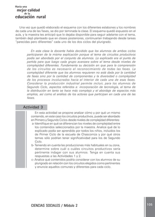 CIENCIAS SOCIALES / Módulo 2CIENCIAS SOCIALES / Módulo 2CIENCIAS SOCIALES / Módulo 2CIENCIAS SOCIALES / Módulo 2CIENCIAS SOCIALES / Módulo 2 105105105105105
mejor calidad
Hacia una
educación rural
de la
Una vez que quedó elaborado el esquema con los diferentes eslabones y los nombres
de cada una de las fases, se dio por teminada la clase. El esquema quedó expuesto en el
aula, y la maestra les anticipó que lo dejaba disponible para seguir adelante con el tema,
también dejó planteado que en clases posteriores, continuarían trabajando desde tareas
“parecidas pero diferentes” cada uno de los dos ciclos del plurigrado.
En esta clase la docente había decidido que los alumnos de ambos ciclos
participaran de la misma explicación porque el tema de circuitos productivos
podía ser abordado por el conjunto de alumnos. Lo explicado era el punto de
partida para que luego cada grupo avanzara sobre el tema desde niveles de
complejidad diferentes. Fundamenta su decisión en que para la comprensión
de los circuitos es necesario el reconocimiento de todas las fases. La
complejidad diferente que los alumnos requieren no está dada por la cantidad
de fases sino por la cantidad de componentes y la diversidad o complejidad
de los procesos involucrados hacia el interior de cada una de esas fases.
Considerar la producción industrial permite incluir, para los alumnos de
Segundo Ciclo, aspectos referidos a: incorporación de tecnología, el tema de
la distribución en tanto se hace más complejo y el abordaje de espacios más
amplios, así como el análisis de los actores que participan en cada una de las
fases.
Actividad 3Actividad 3Actividad 3Actividad 3Actividad 3 ..........
En esta actividad se propone analizar cómo y por qué un mismo
contenido, en este caso los circuitos productivos, puede ser abordado
en Primero y Segundo Ciclos desde niveles de complejidad diferentes:
a- Identifique en qué se diferencian los niveles de complejidad entre
los contenidos seleccionados por la maestra. Analice qué de lo
explicado podía ser aprendido por todos los niños, incluidos los
de Primer Ciclo de la escuela de Chascomús y por qué otros
temas sólo podrían tener significatividad para los de Segundo
Ciclo.
b- Teniendo en cuenta las producciones más habituales en su zona,
determine sobre cuál o cuáles circuitos productivos sería
pertinente indagar con sus alumnos. Tenga en cuenta sus
respuestas a las Actividades 1 y 2.
c- Analice qué contenidos podría considerar con los alumnos de su
plurigrado en relación con los circuitos elegidos como pertinentes
y enuncie aquellos comunes y diferentes para cada ciclo.
 