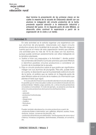 CIENCIAS SOCIALES / Módulo 2CIENCIAS SOCIALES / Módulo 2CIENCIAS SOCIALES / Módulo 2CIENCIAS SOCIALES / Módulo 2CIENCIAS SOCIALES / Módulo 2 117117117117117
mejor calidad
Hacia una
educación rural
de la
Aquí termina la presentación de las primeras clases en lasAquí termina la presentación de las primeras clases en lasAquí termina la presentación de las primeras clases en lasAquí termina la presentación de las primeras clases en lasAquí termina la presentación de las primeras clases en las
cuales la maestra de la escuela de Chascomús abordó con suscuales la maestra de la escuela de Chascomús abordó con suscuales la maestra de la escuela de Chascomús abordó con suscuales la maestra de la escuela de Chascomús abordó con suscuales la maestra de la escuela de Chascomús abordó con sus
alumnos la indagación del circuito productivo de la leche,alumnos la indagación del circuito productivo de la leche,alumnos la indagación del circuito productivo de la leche,alumnos la indagación del circuito productivo de la leche,alumnos la indagación del circuito productivo de la leche,
prestando especial atención a la elaboración industrial yprestando especial atención a la elaboración industrial yprestando especial atención a la elaboración industrial yprestando especial atención a la elaboración industrial yprestando especial atención a la elaboración industrial y
artesanal del queso. En la Segunda parte de este Módulo, seartesanal del queso. En la Segunda parte de este Módulo, seartesanal del queso. En la Segunda parte de este Módulo, seartesanal del queso. En la Segunda parte de este Módulo, seartesanal del queso. En la Segunda parte de este Módulo, se
desarrolla cómo continuó la experiencia a partir de ladesarrolla cómo continuó la experiencia a partir de ladesarrolla cómo continuó la experiencia a partir de ladesarrolla cómo continuó la experiencia a partir de ladesarrolla cómo continuó la experiencia a partir de la
organización de la visita a un tambo.organización de la visita a un tambo.organización de la visita a un tambo.organización de la visita a un tambo.organización de la visita a un tambo.
Actividad 5Actividad 5Actividad 5Actividad 5Actividad 5 ..........
En esta actividad se le solicita organizar una experiencia con
sus alumnos de plurigrado, relacionada con algún circuito
productivo propio de la localidad de la escuela. Para ello tenga en
cuenta que en el marco de esta capacitación tendrá que diseñar
una actividad para no más de 10 hs de clase con los alumnos,
aunque pueda continuar posteriormente con ellos trabajando en
la temática planteada.
a. Vuelva a mirar sus respuestas a la Actividad 1, donde analizó
los contenidos del Diseño Curricular previstos para este Módulo
e identificó posibles circuitos productivos a considerar en
función de la localidad de la escuela.
b. Elija un circuito productivo sobre el que podría ser significativo
indagar con sus alumnos de plurigrado. Para ello, puede tener
en cuenta, la descripción que se ha presentado sobre el circuito
de la leche, el análisis que se realiza en la Segunda parte de
este Módulo sobre el circuito de la madera y la información que
plantea el texto que sigue:
En la escuela de Chascomús se decidió abordar el circuito del queso.
Es posible que en otras escuelas rurales se considere el estudio de otro
producto lácteo: helados, yogur, postres, etc. u otros circuitos productivos
vinculados a la localidad. A modo de ejemplo, se presenta una lista de
otros circuitos productivos de la provincia de Buenos Aires:
- carne
- pescado
- productos frutihortícolas
- granos
- oleaginosas
- madera
- floricultura
- avícola
Pueden también abordarse los circuitos productivos a partir de:
- productos finales o intermedios: pan, galletitas, alfajores, aceites, frutas,
verduras, dulces, conservas de pescado, etc.
- productos alimenticios pre-elaborados: hamburguesas de carne roja y/
o blanca; hortalizas congeladas, deshidratadas, enlatadas, en conserva,
etc.
 