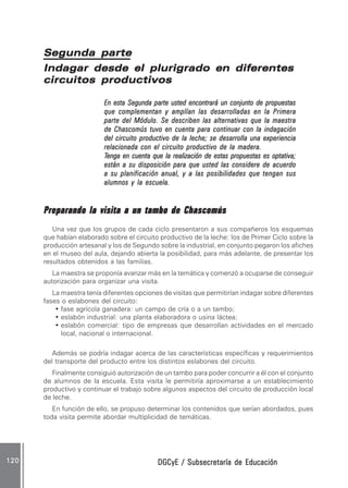 DGCyE / Subsecretaría de EducaciónDGCyE / Subsecretaría de EducaciónDGCyE / Subsecretaría de EducaciónDGCyE / Subsecretaría de EducaciónDGCyE / Subsecretaría de Educación120120120120120
Segunda parteSegunda parteSegunda parteSegunda parteSegunda parte
Indagar desde el plurigrado en diferentesIndagar desde el plurigrado en diferentesIndagar desde el plurigrado en diferentesIndagar desde el plurigrado en diferentesIndagar desde el plurigrado en diferentes
circuitos productivoscircuitos productivoscircuitos productivoscircuitos productivoscircuitos productivos
En esta SegundaEn esta SegundaEn esta SegundaEn esta SegundaEn esta Segunda ppppparte usted encontrará un conjunto de propuestasarte usted encontrará un conjunto de propuestasarte usted encontrará un conjunto de propuestasarte usted encontrará un conjunto de propuestasarte usted encontrará un conjunto de propuestas
que complementan y amplían las desarrolladas en la Primeraque complementan y amplían las desarrolladas en la Primeraque complementan y amplían las desarrolladas en la Primeraque complementan y amplían las desarrolladas en la Primeraque complementan y amplían las desarrolladas en la Primera
ppppparte del Módulo. Se describen las alternativas que la maestraarte del Módulo. Se describen las alternativas que la maestraarte del Módulo. Se describen las alternativas que la maestraarte del Módulo. Se describen las alternativas que la maestraarte del Módulo. Se describen las alternativas que la maestra
de Chascomús tuvo en cuenta para continuar con la indagaciónde Chascomús tuvo en cuenta para continuar con la indagaciónde Chascomús tuvo en cuenta para continuar con la indagaciónde Chascomús tuvo en cuenta para continuar con la indagaciónde Chascomús tuvo en cuenta para continuar con la indagación
del circuito productivo de la leche; se desarrolla una experienciadel circuito productivo de la leche; se desarrolla una experienciadel circuito productivo de la leche; se desarrolla una experienciadel circuito productivo de la leche; se desarrolla una experienciadel circuito productivo de la leche; se desarrolla una experiencia
relacionada con el circuito productivo de la madera.relacionada con el circuito productivo de la madera.relacionada con el circuito productivo de la madera.relacionada con el circuito productivo de la madera.relacionada con el circuito productivo de la madera.
TTTTTenga en cuenta que la realización de estas propuestas es optativa;enga en cuenta que la realización de estas propuestas es optativa;enga en cuenta que la realización de estas propuestas es optativa;enga en cuenta que la realización de estas propuestas es optativa;enga en cuenta que la realización de estas propuestas es optativa;
están a su disposición para que usted las considere de acuerdoestán a su disposición para que usted las considere de acuerdoestán a su disposición para que usted las considere de acuerdoestán a su disposición para que usted las considere de acuerdoestán a su disposición para que usted las considere de acuerdo
a su planificación anual, y a las posibilidades que tengan susa su planificación anual, y a las posibilidades que tengan susa su planificación anual, y a las posibilidades que tengan susa su planificación anual, y a las posibilidades que tengan susa su planificación anual, y a las posibilidades que tengan sus
alumnos y la escuela.alumnos y la escuela.alumnos y la escuela.alumnos y la escuela.alumnos y la escuela.
Preparando la visita a un tambo de ChascomúsPreparando la visita a un tambo de ChascomúsPreparando la visita a un tambo de ChascomúsPreparando la visita a un tambo de ChascomúsPreparando la visita a un tambo de Chascomús
Una vez que los grupos de cada ciclo presentaron a sus compañeros los esquemas
que habían elaborado sobre el circuito productivo de la leche: los de Primer Ciclo sobre la
producción artesanal y los de Segundo sobre la industrial, en conjunto pegaron los afiches
en el museo del aula, dejando abierta la posibilidad, para más adelante, de presentar los
resultados obtenidos a las familias.
La maestra se proponía avanzar más en la temática y comenzó a ocuparse de conseguir
autorización para organizar una visita.
La maestra tenía diferentes opciones de visitas que permitirían indagar sobre diferentes
fases o eslabones del circuito:
• fase agrícola ganadera: un campo de cría o a un tambo;
• eslabón industrial: una planta elaboradora o usina láctea;
• eslabón comercial: tipo de empresas que desarrollan actividades en el mercado
local, nacional o internacional.
Además se podría indagar acerca de las características específicas y requerimientos
del transporte del producto entre los distintos eslabones del circuito.
Finalmente consiguió autorización de un tambo para poder concurrir a él con el conjunto
de alumnos de la escuela. Esta visita le permitiría aproximarse a un establecimiento
productivo y continuar el trabajo sobre algunos aspectos del circuito de producción local
de leche.
En función de ello, se propuso determinar los contenidos que serían abordados, pues
toda visita permite abordar multiplicidad de temáticas.
 