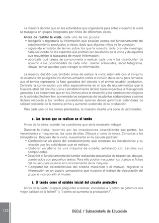 DGCyE / Subsecretaría de EducaciónDGCyE / Subsecretaría de EducaciónDGCyE / Subsecretaría de EducaciónDGCyE / Subsecretaría de EducaciónDGCyE / Subsecretaría de Educación122122122122122
La maestra decidió que en las actividades que organizaría para antes y durante la visita
se trabajaría en grupos integrados por niños de diferentes ciclos.
Antes de realizar la visitaAntes de realizar la visitaAntes de realizar la visitaAntes de realizar la visitaAntes de realizar la visita, cada uno de los grupos:
• recogería y registraría la información que poseían acerca del funcionamiento del
establecimiento productivo a visitar, dado que algunos niños ya lo conocían;
• siguiendo el listado de temas sobre los que la maestra tenía previsto investigar,
haría un listado de los aspectos que podrían ser develados en la visita y de aquellos
que requerirían la búsqueda de mayor información;
• acordaría qué tareas se comprometía a realizar cada uno y las distribuirían de
acuerdo a las posibilidades de cada niño: realizar entrevistas, sacar fotografías,
dibujar, tomar apuntes para recoger la información.
La maestra decidió que, también antes de realizar la visita, retomaría con el conjunto
de alumnos del plurigrado los afiches armados sobre el circuito de la leche para remarcar
que el tambo representa la fase ganadera del circuito y el primer eslabón productivo.
Centraría la conversación con ellos especialmente en el tipo de requerimientos que la
fase industrial del circuito (usina o establecimiento lácteo) tiene respecto a la fase agrícola
ganadera. Les comentaría que en los últimos años el desarrollo y los cambios tecnológicos
en la actividad lechera han aumentado las exigencias de las plantas elaboradoras y usinas
lácteas respecto a los tambos proveedores quienes deben garantizar estándares de
calidad creciente de la materia prima y aumento sostenido de la producción.
Para cada uno de los temas planteados, la maestra diseñó una serie de actividades:
a.a.a.a.a. Las tareas que se realizan en el tamboLas tareas que se realizan en el tamboLas tareas que se realizan en el tamboLas tareas que se realizan en el tamboLas tareas que se realizan en el tambo
Antes de la visita: acordar las cuestiones que sería necesario indagar.
Durante la visita: recorrido por las instalaciones describiendo sus partes, las
herramientas y maquinarias, los usos de ellas. Dibujos y toma de notas. Consultas a los
trabajadores. Después de la visita, nuevamente en la escuela podrían:
• Confeccionar un plano del establecimiento que mostrara las instalaciones y su
relación con las actividades que se realizan.
• Elaborar un afiche de una máquina de ordeñe, señalando con carteles sus
componentes.
• Describir el funcionamiento del tambo realizando secuencias de esquemas, dibujos,
combinados con pequeños textos. Para ello podrían recuperar los objetos o fichas
del museo para explicar el funcionamiento de la máquina.
• Comparar las características del ordeñe mecánico y el manual; registrar la
información en un cuadro comparativo que muestre el trabajo de elaboración del
grupo e incorporarlo al museo.
b. El tambo como el eslabón inicial del circuito productivob. El tambo como el eslabón inicial del circuito productivob. El tambo como el eslabón inicial del circuito productivob. El tambo como el eslabón inicial del circuito productivob. El tambo como el eslabón inicial del circuito productivo
Antes de la visita: preparar preguntas a realizar, vinculadas a “¿cómo se garantiza una
mejor calidad de la leche?” y “¿cómo se aumenta la producción?”.
 