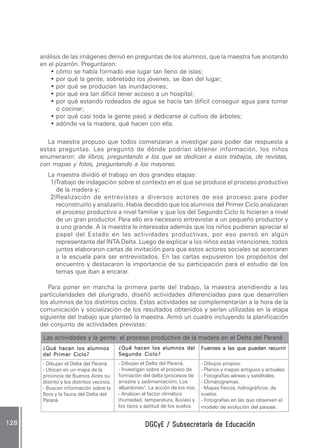 DGCyE / Subsecretaría de EducaciónDGCyE / Subsecretaría de EducaciónDGCyE / Subsecretaría de EducaciónDGCyE / Subsecretaría de EducaciónDGCyE / Subsecretaría de Educación128128128128128
análisis de las imágenes derivó en preguntas de los alumnos, que la maestra fue anotando
en el pizarrón. Preguntaron:
• cómo se había formado ese lugar tan lleno de islas;
• por qué la gente, sobretodo los jóvenes, se iban del lugar;
• por qué se producían las inundaciones;
• por qué era tan difícil tener acceso a un hospital;
• por qué estando rodeados de agua se hacía tan difícil conseguir agua para tomar
o cocinar;
• por qué casi toda la gente pasó a dedicarse al cultivo de árboles;
• adónde va la madera, qué hacen con ella.
La maestra propuso que todos comenzaran a investigar para poder dar respuesta a
estas preguntas. Les preguntó de dónde podrían obtener información, los niños
enumeraron: de libros, preguntando a los que se dedican a esos trabajos, de revistas,
con mapas y fotos, preguntando a los mayores.
La maestra dividió el trabajo en dos grandes etapas:
1)Trabajo de indagación sobre el contexto en el que se produce el proceso productivo
de la madera y;
2)Realización de entrevistas a diversos actores de ese proceso para poder
reconstruirlo y analizarlo. Había decidido que los alumnos del Primer Ciclo analizaran
el proceso productivo a nivel familiar y que los del Segundo Ciclo lo hicieran a nivel
de un gran productor. Para ello era necesario entrevistar a un pequeño productor y
a uno grande. A la maestra le interesaba además que los niños pudieran apreciar el
papel del Estado en las actividades productivas, por eso pensó en algún
representante del INTA Delta. Luego de explicar a los niños estas intenciones, todos
juntos elaboraron cartas de invitación para que estos actores sociales se acercaran
a la escuela para ser entrevistados. En las cartas expusieron los propósitos del
encuentro y destacaron la importancia de su participación para el estudio de los
temas que iban a encarar.
Para poner en marcha la primera parte del trabajo, la maestra atendiendo a las
particularidades del plurigrado, diseñó actividades diferenciadas para que desarrollen
los alumnos de los distintos ciclos. Estas actividades se complementarían a la hora de la
comunicación y socialización de los resultados obtenidos y serían utilizadas en la etapa
siguiente del trabajo que planteó la maestra. Armó un cuadro incluyendo la planificación
del conjunto de actividades previstas:
¿Qué hacen los alumnos¿Qué hacen los alumnos¿Qué hacen los alumnos¿Qué hacen los alumnos¿Qué hacen los alumnos
del Primer Ciclo?del Primer Ciclo?del Primer Ciclo?del Primer Ciclo?del Primer Ciclo?
- Dibujan el Delta del Paraná.
- Ubican en un mapa de la
provincia de Buenos Aires su
distrito y los distritos vecinos.
- Buscan información sobre la
flora y la fauna del Delta del
Paraná.
¿Qué hacen los alumnos del¿Qué hacen los alumnos del¿Qué hacen los alumnos del¿Qué hacen los alumnos del¿Qué hacen los alumnos del
Segundo Ciclo?Segundo Ciclo?Segundo Ciclo?Segundo Ciclo?Segundo Ciclo?
- Dibujan el Delta del Paraná.
- Investigan sobre el proceso de
formación del delta (procesos de
arrastre y sedimentación). Los
albardones7
. La acción de los ríos.
- Analizan el factor climático
(humedad, temperatura, lluvias) y
los tipos y aptitud de los suelos.
Fuentes a las que pueden recurrirFuentes a las que pueden recurrirFuentes a las que pueden recurrirFuentes a las que pueden recurrirFuentes a las que pueden recurrir
- Dibujos propios.
- Planos y mapas antiguos y actuales.
- Fotografías aéreas y satelitales.
- Climatogramas.
- Mapas físicos, hidrográficos, de
suelos.
- Fotografías en las que observen el
modelo de evolución del paisaje.
Las actividades y la gente: el proceso productivo de la madera en el Delta del Paraná
 