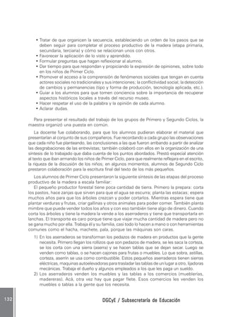 DGCyE / Subsecretaría de EducaciónDGCyE / Subsecretaría de EducaciónDGCyE / Subsecretaría de EducaciónDGCyE / Subsecretaría de EducaciónDGCyE / Subsecretaría de Educación132132132132132
• Tratar de que organicen la secuencia, estableciendo un orden de los pasos que se
deben seguir para completar el proceso productivo de la madera (etapa primaria,
secundaria, terciaria) y cómo se relacionan unos con otros.
• Favorecer la aplicación de lo visto y aprendido.
• Formular preguntas que hagan reflexionar al alumno.
• Dar tiempo para que respondan y propiciando la expresión de opiniones, sobre todo
en los niños de Primer Ciclo.
• Promover el acceso a la comprensión de fenómenos sociales que tengan en cuenta
actores sociales no tradicionales y sus intenciones; la conflictividad social; la detección
de cambios y permanencias (tipo y forma de producción, tecnología aplicada, etc.).
• Guiar a los alumnos para que tomen conciencia sobre la importancia de recuperar
aspectos históricos locales a través del recurso museo.
• Hacer respetar el uso de la palabra y la opinión de cada alumno.
• Aclarar dudas.
Para presentar el resultado del trabajo de los grupos de Primero y Segundo Ciclos, la
maestra organizó una puesta en común.
La docente fue colaborando, para que los alumnos pudieran elaborar el material que
presentarían al conjunto de sus compañeros. Fue recordando a cada grupo las observaciones
que cada niño fue planteando, las conclusiones a las que fueron arribando a partir de analizar
las desgrabaciones de las entrevistas; también colaboró con ellos en la organización de una
síntesis de lo trabajado que daba cuenta de los puntos abordados. Prestó especial atención
al texto que iban armando los niños de Primer Ciclo, para que realmente reflejara en el escrito,
la riqueza de la discusión de los niños; en algunos momentos, alumnos de Segundo Ciclo
prestaron colaboración para la escritura final del texto de los más pequeños.
Los alumnos de Primer Ciclo presentaron la siguiente síntesis de las etapas del proceso
productivo de la madera a escala familiar:
El pequeño productor forestal tiene poca cantidad de tierra. Primero la prepara: corta
los pastos, hace zanjas que sirven para que el agua se escurra; planta las estacas; espera
muchos años para que los árboles crezcan y poder cortarlos. Mientras espera tiene que
plantar verduras y frutas, criar gallinas y otros animales para poder comer. También planta
mimbre que puede vender todos los años y con eso también tiene algo de dinero. Cuando
corta los árboles y tiene la madera la vende a los aserraderos y tiene que transportarla en
lanchas. El transporte es caro porque tiene que viajar mucha cantidad de madera pero no
se gana mucho por ella. Trabaja él y su familia, casi todo lo hacen a mano o con herramientas
comunes como el hacha, machete, pala, porque las máquinas son caras.
1) En los aserraderos se transforman los pedazos de madera en productos que la gente
necesita. Primero llegan los rollizos que son pedazos de madera, se les saca la corteza,
se los corta con una sierra (aserra) y se hacen tablas que se dejan secar. Luego se
venden como tablas, o se hacen cajones para frutas o muebles. Lo que sobra, astillas,
corteza, aserrín se usa como combustible. Estos pequeños aserraderos tienen sierras
eléctricas, maquinas autoelevadoras para trasladar las tablas de un lugar a otro, lijadoras
mecánicas. Trabaja el dueño y algunos empleados a los que les paga un sueldo.
2) Los aserraderos venden los muebles y las tablas a los comercios (mueblerías,
madereras). Acá, otra vez hay que pagar flete. Esos comercios les venden los
muebles o tablas a la gente que los necesita.
 
