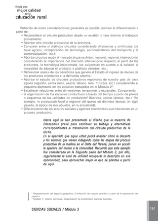 CIENCIAS SOCIALES / Módulo 3CIENCIAS SOCIALES / Módulo 3CIENCIAS SOCIALES / Módulo 3CIENCIAS SOCIALES / Módulo 3CIENCIAS SOCIALES / Módulo 3 191191191191191
mejor calidad
Hacia una
educación rural
de la
Partiendo de estas consideraciones generales es posible plantear la diferenciación a
partir de:
• Reconsiderar el circuito productivo desde un eslabón o fase distinto al trabajado
previamente;
• Abordar otro circuito productivo de la provincia;
• Comparar entre sí distintos circuitos considerando diferencias y similitudes (de
base agraria, incorporación de tecnología, particularidades del transporte y la
comercialización, etc.);
• Abordar circuitos según el mercado al que se dirijan, nacional, regional, internacional,
considerando la importancia del mercado internacional respecto al perfil de los
productos, la tecnología incorporada, las exigencias en cuanto a la calidad, la
necesidad de adaptar el producto a públicos variados, etc.;
• Reflexionar acerca de los beneficios que genera al Estado el ingreso de divisas de
los productos orientados a la demanda externa;
• Abordar el estudio de circuitos productivos regionales de nuestro país de base
agraria (algodón, yerba mate, azúcar, tabaco, lana, frutícola, etc.) considerando el
esquema planteado en los circuitos trabajados en el Módulo 22
;
• Establecer relaciones entre dimensiones temporales y espaciales. Comparando
• la organización de los espacios productivos a través del tiempo a partir de planos
o esquemas de las unidades de producción3
(fábricas, usinas lácteas, etc.). Por
ejemplo, la producción local o regional del queso en distintas épocas (el siglo
pasado, la época de mis abuelos, en la actualidad);
• Diferenciación de los actores sociales y agentes económicos que intervienen en un
proceso productivo.
Hasta aquí se han presentado el diseño que la maestra deHasta aquí se han presentado el diseño que la maestra deHasta aquí se han presentado el diseño que la maestra deHasta aquí se han presentado el diseño que la maestra deHasta aquí se han presentado el diseño que la maestra de
Chascomús prevé para continuar su trabajo y alternativasChascomús prevé para continuar su trabajo y alternativasChascomús prevé para continuar su trabajo y alternativasChascomús prevé para continuar su trabajo y alternativasChascomús prevé para continuar su trabajo y alternativas
correspondientes al tratamiento del circuito productivo de lacorrespondientes al tratamiento del circuito productivo de lacorrespondientes al tratamiento del circuito productivo de lacorrespondientes al tratamiento del circuito productivo de lacorrespondientes al tratamiento del circuito productivo de la
leche.leche.leche.leche.leche.
En el apartado que sigue usted podrá analizar cómo la docenteEn el apartado que sigue usted podrá analizar cómo la docenteEn el apartado que sigue usted podrá analizar cómo la docenteEn el apartado que sigue usted podrá analizar cómo la docenteEn el apartado que sigue usted podrá analizar cómo la docente
y los alumnos que vienen indagando sobre las etapas del procesoy los alumnos que vienen indagando sobre las etapas del procesoy los alumnos que vienen indagando sobre las etapas del procesoy los alumnos que vienen indagando sobre las etapas del procesoy los alumnos que vienen indagando sobre las etapas del proceso
productivo de la madera en el Delta del Pproductivo de la madera en el Delta del Pproductivo de la madera en el Delta del Pproductivo de la madera en el Delta del Pproductivo de la madera en el Delta del Paraná, ponen en acciónaraná, ponen en acciónaraná, ponen en acciónaraná, ponen en acciónaraná, ponen en acción
la apertura del museo a la comunidad. Recuerde que este ejemplola apertura del museo a la comunidad. Recuerde que este ejemplola apertura del museo a la comunidad. Recuerde que este ejemplola apertura del museo a la comunidad. Recuerde que este ejemplola apertura del museo a la comunidad. Recuerde que este ejemplo
fue considerado en la Segunda parte del Módulo 2, por ello,fue considerado en la Segunda parte del Módulo 2, por ello,fue considerado en la Segunda parte del Módulo 2, por ello,fue considerado en la Segunda parte del Módulo 2, por ello,fue considerado en la Segunda parte del Módulo 2, por ello,
seguramente le será de utilidad recuperar lo descripto en esaseguramente le será de utilidad recuperar lo descripto en esaseguramente le será de utilidad recuperar lo descripto en esaseguramente le será de utilidad recuperar lo descripto en esaseguramente le será de utilidad recuperar lo descripto en esa
oportunidad, para aprovechar mejor lo que se plantea a partiroportunidad, para aprovechar mejor lo que se plantea a partiroportunidad, para aprovechar mejor lo que se plantea a partiroportunidad, para aprovechar mejor lo que se plantea a partiroportunidad, para aprovechar mejor lo que se plantea a partir
de aquí.de aquí.de aquí.de aquí.de aquí.
2
Representación del espacio geográfico. Confección de croquis sencillos a partir de la exploración del
espacio.
3
Módulo 1: Diseño Curricular, Organización de Contenidos Ciencias Sociales.
 