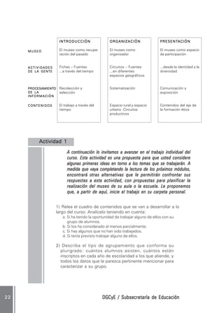 DGCyE / Subsecretaría de EducaciónDGCyE / Subsecretaría de EducaciónDGCyE / Subsecretaría de EducaciónDGCyE / Subsecretaría de EducaciónDGCyE / Subsecretaría de Educación2 22 22 22 22 2
Actividad 1Actividad 1Actividad 1Actividad 1Actividad 1 .....
A continuación lo invitamos a avanzar en el trabajo individual delA continuación lo invitamos a avanzar en el trabajo individual delA continuación lo invitamos a avanzar en el trabajo individual delA continuación lo invitamos a avanzar en el trabajo individual delA continuación lo invitamos a avanzar en el trabajo individual del
curso. Esta actividad es una propuesta para que usted considerecurso. Esta actividad es una propuesta para que usted considerecurso. Esta actividad es una propuesta para que usted considerecurso. Esta actividad es una propuesta para que usted considerecurso. Esta actividad es una propuesta para que usted considere
algunas primeras ideas en torno a los temas que se trabajarán. Aalgunas primeras ideas en torno a los temas que se trabajarán. Aalgunas primeras ideas en torno a los temas que se trabajarán. Aalgunas primeras ideas en torno a los temas que se trabajarán. Aalgunas primeras ideas en torno a los temas que se trabajarán. A
medida que vaya completando la lectura de los próximos módulos,medida que vaya completando la lectura de los próximos módulos,medida que vaya completando la lectura de los próximos módulos,medida que vaya completando la lectura de los próximos módulos,medida que vaya completando la lectura de los próximos módulos,
encontrará otras alternativas que le permitirán confrontar susencontrará otras alternativas que le permitirán confrontar susencontrará otras alternativas que le permitirán confrontar susencontrará otras alternativas que le permitirán confrontar susencontrará otras alternativas que le permitirán confrontar sus
respuestas a esta actividad, con propuestas para planificar larespuestas a esta actividad, con propuestas para planificar larespuestas a esta actividad, con propuestas para planificar larespuestas a esta actividad, con propuestas para planificar larespuestas a esta actividad, con propuestas para planificar la
realización del museo de su aula o la escuela. Le proponemosrealización del museo de su aula o la escuela. Le proponemosrealización del museo de su aula o la escuela. Le proponemosrealización del museo de su aula o la escuela. Le proponemosrealización del museo de su aula o la escuela. Le proponemos
que, a partir de aquí, inicie el trabajo en su carpeta personal.que, a partir de aquí, inicie el trabajo en su carpeta personal.que, a partir de aquí, inicie el trabajo en su carpeta personal.que, a partir de aquí, inicie el trabajo en su carpeta personal.que, a partir de aquí, inicie el trabajo en su carpeta personal.
1) Relea el cuadro de contenidos que se van a desarrollar a lo
largo del curso. Analícelo teniendo en cuenta:
a. Si ha tenido la oportunidad de trabajar alguno de ellos con su
grupo de alumnos.
b. Si los ha considerado al menos parcialmente.
c. Si hay algunos que no han sido trabajados.
d. Si tenía previsto trabajar alguno de ellos.
2) Describa el tipo de agrupamiento que conforma su
plurigrado: cuántos alumnos asisten, cuántos están
inscriptos en cada año de escolaridad a los que atiende, y
todos los datos que le parezca pertinente mencionar para
caracterizar a su grupo.
MUSEOMUSEOMUSEOMUSEOMUSEO
ACTIVIDADESACTIVIDADESACTIVIDADESACTIVIDADESACTIVIDADES
DE LA GENTEDE LA GENTEDE LA GENTEDE LA GENTEDE LA GENTE
PROCESAMIENTPROCESAMIENTPROCESAMIENTPROCESAMIENTPROCESAMIENTOOOOO
DE LADE LADE LADE LADE LA
INFORMACIÓNINFORMACIÓNINFORMACIÓNINFORMACIÓNINFORMACIÓN
CONTENIDOSCONTENIDOSCONTENIDOSCONTENIDOSCONTENIDOS
INTRODUCCIÓNINTRODUCCIÓNINTRODUCCIÓNINTRODUCCIÓNINTRODUCCIÓN
El museo como recupe-
ración del pasado
Fichas – Fuentes
...a través del tiempo
Recolección y
selección
El trabajo a través del
tiempo
ORGANIZACIÓNORGANIZACIÓNORGANIZACIÓNORGANIZACIÓNORGANIZACIÓN
El museo como
organizador
Circuitos – Fuentes
...en diferentes
espacios geográficos
Sistematización
Espacio rural y espacio
urbano. Circuitos
productivos
PRESENTPRESENTPRESENTPRESENTPRESENTAAAAACIÓNCIÓNCIÓNCIÓNCIÓN
El museo como espacio
de participación
...desde la identidad y la
diversidad
Comunicación y
exposición
Contenidos del eje de
la formación ética
 