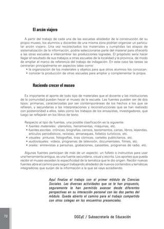 DGCyE / Subsecretaría de EducaciónDGCyE / Subsecretaría de EducaciónDGCyE / Subsecretaría de EducaciónDGCyE / Subsecretaría de EducaciónDGCyE / Subsecretaría de Educación7272727272 .....
El arcón viajero
A partir del trabajo de cada una de las escuelas alrededor de la construcción de su
propio museo, los alumnos y docentes de una misma zona podrían organizar un particu-
lar arcón viajero. Una vez recolectados los materiales y cumplidas las etapas de
sistematización de la información, podría seleccionarse parte del material para ofrecerlo
a las otras escuelas e intercambiar las producciones logradas. El propósito sería hacer
llegar el resultado de sus trabajos a otras escuelas de la localidad y la provincia, de modo
de ampliar el marco de referencia del trabajo de indagación. En este caso las tareas se
centrarían principalmente en aspectos tales como:
• la organización de los materiales y objetos para que otros alumnos los conozcan;
• conocer la producción de otras escuelas para ampliar y complementar la propia.
Haciendo crecer el museo
Es importante el aporte de todo tipo de materiales que el docente y las instituciones
de la comunidad puedan hacer al museo de la escuela. Las fuentes pueden ser de dos
tipos: primarias, caracterizadas por ser contemporáneas de los hechos a los que se
refieren, y secundarias a las interpretaciones y reconstrucciones que se han realizado
con posterioridad a ellos, tales como los trabajos de los ensayistas, investigadores, que
luego se reflejarán en los libros de texto.
Respecto al tipo de fuentes, una posible clasificación es la siguiente:
• fuentes materiales: utensilios, herramientas, máquinas, etc.
• fuentes escritas: crónicas, biografías, censos, testamentos, cartas, libros, leyendas,
artículos periodísticos, revistas, almanaques, folletos turísticos, etc.
• visuales: pinturas, fotografías, tiras cómicas, carteles publicitarios, etc.
• audiovisuales: videos, programas de televisión, documentales, filmes, etc.
• orales: entrevistas a personas, grabaciones, cassettes, programas de radio, etc.
Algunas fuentes participan de más de un aspecto: un folleto o instructivo para usar
una herramienta antigua, es una fuente secundaria, visual y escrita. Los aportes que pueda
recibir el museo exceden la especificidad de la temática que le dio origen. Recibir nuevas
fuentes abre el camino para seguir trabajando alrededor de nuevos contenidos y temáticas
integradoras que surjan de la información a la que se vaya accediendo.
Aquí finaliza el trabajo con el primer módulo de CienciasAquí finaliza el trabajo con el primer módulo de CienciasAquí finaliza el trabajo con el primer módulo de CienciasAquí finaliza el trabajo con el primer módulo de CienciasAquí finaliza el trabajo con el primer módulo de Ciencias
Sociales. Las diversas actividades que se le han propuesto,Sociales. Las diversas actividades que se le han propuesto,Sociales. Las diversas actividades que se le han propuesto,Sociales. Las diversas actividades que se le han propuesto,Sociales. Las diversas actividades que se le han propuesto,
seguramente le han permitido avanzar desde diferentesseguramente le han permitido avanzar desde diferentesseguramente le han permitido avanzar desde diferentesseguramente le han permitido avanzar desde diferentesseguramente le han permitido avanzar desde diferentes
perspectivas en su interacción personal con las dos partes delperspectivas en su interacción personal con las dos partes delperspectivas en su interacción personal con las dos partes delperspectivas en su interacción personal con las dos partes delperspectivas en su interacción personal con las dos partes del
módulo. Queda abierto el camino para el trabajo compartidomódulo. Queda abierto el camino para el trabajo compartidomódulo. Queda abierto el camino para el trabajo compartidomódulo. Queda abierto el camino para el trabajo compartidomódulo. Queda abierto el camino para el trabajo compartido
con otros colegas en los encuentros presenciales.con otros colegas en los encuentros presenciales.con otros colegas en los encuentros presenciales.con otros colegas en los encuentros presenciales.con otros colegas en los encuentros presenciales.
 