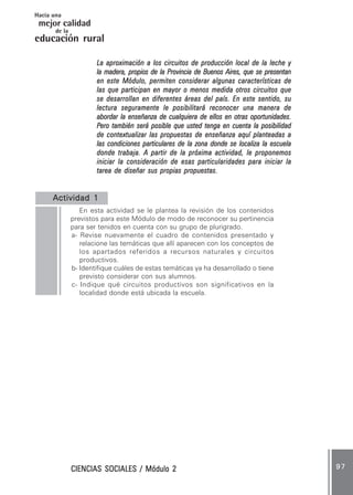 CIENCIAS SOCIALES / Módulo 2CIENCIAS SOCIALES / Módulo 2CIENCIAS SOCIALES / Módulo 2CIENCIAS SOCIALES / Módulo 2CIENCIAS SOCIALES / Módulo 2 9 79 79 79 79 7
mejor calidad
Hacia una
educación rural
de la
La aproximación a los circuitos de producción local de la leche yLa aproximación a los circuitos de producción local de la leche yLa aproximación a los circuitos de producción local de la leche yLa aproximación a los circuitos de producción local de la leche yLa aproximación a los circuitos de producción local de la leche y
la madera, propios de la Provincia de Buenos Aires, que se presentanla madera, propios de la Provincia de Buenos Aires, que se presentanla madera, propios de la Provincia de Buenos Aires, que se presentanla madera, propios de la Provincia de Buenos Aires, que se presentanla madera, propios de la Provincia de Buenos Aires, que se presentan
en este Módulo, permiten considerar algunas características deen este Módulo, permiten considerar algunas características deen este Módulo, permiten considerar algunas características deen este Módulo, permiten considerar algunas características deen este Módulo, permiten considerar algunas características de
las que participan en mayor o menos medida otros circuitos quelas que participan en mayor o menos medida otros circuitos quelas que participan en mayor o menos medida otros circuitos quelas que participan en mayor o menos medida otros circuitos quelas que participan en mayor o menos medida otros circuitos que
se desarrollan en diferentes áreas del país. En este sentido, suse desarrollan en diferentes áreas del país. En este sentido, suse desarrollan en diferentes áreas del país. En este sentido, suse desarrollan en diferentes áreas del país. En este sentido, suse desarrollan en diferentes áreas del país. En este sentido, su
lectura seguramente le posibilitará reconocer una manera delectura seguramente le posibilitará reconocer una manera delectura seguramente le posibilitará reconocer una manera delectura seguramente le posibilitará reconocer una manera delectura seguramente le posibilitará reconocer una manera de
abordar la enseñanza de cualquiera de ellos en otras oportunidades.abordar la enseñanza de cualquiera de ellos en otras oportunidades.abordar la enseñanza de cualquiera de ellos en otras oportunidades.abordar la enseñanza de cualquiera de ellos en otras oportunidades.abordar la enseñanza de cualquiera de ellos en otras oportunidades.
PPPPPero también será posible que usted tenga en cuenta la posibilidadero también será posible que usted tenga en cuenta la posibilidadero también será posible que usted tenga en cuenta la posibilidadero también será posible que usted tenga en cuenta la posibilidadero también será posible que usted tenga en cuenta la posibilidad
de contextualizar las propuestas de enseñanza aquí planteadas ade contextualizar las propuestas de enseñanza aquí planteadas ade contextualizar las propuestas de enseñanza aquí planteadas ade contextualizar las propuestas de enseñanza aquí planteadas ade contextualizar las propuestas de enseñanza aquí planteadas a
las condiciones particulares de la zona donde se localiza la escuelalas condiciones particulares de la zona donde se localiza la escuelalas condiciones particulares de la zona donde se localiza la escuelalas condiciones particulares de la zona donde se localiza la escuelalas condiciones particulares de la zona donde se localiza la escuela
donde trabaja. A partir de la próxima actividad, le proponemosdonde trabaja. A partir de la próxima actividad, le proponemosdonde trabaja. A partir de la próxima actividad, le proponemosdonde trabaja. A partir de la próxima actividad, le proponemosdonde trabaja. A partir de la próxima actividad, le proponemos
iniciar la consideración de esas particularidades para iniciar lainiciar la consideración de esas particularidades para iniciar lainiciar la consideración de esas particularidades para iniciar lainiciar la consideración de esas particularidades para iniciar lainiciar la consideración de esas particularidades para iniciar la
tarea de diseñar sus propias propuestas.tarea de diseñar sus propias propuestas.tarea de diseñar sus propias propuestas.tarea de diseñar sus propias propuestas.tarea de diseñar sus propias propuestas.
Actividad 1Actividad 1Actividad 1Actividad 1Actividad 1..........
En esta actividad se le plantea la revisión de los contenidos
previstos para este Módulo de modo de reconocer su pertinencia
para ser tenidos en cuenta con su grupo de plurigrado.
a- Revise nuevamente el cuadro de contenidos presentado y
relacione las temáticas que allí aparecen con los conceptos de
los apartados referidos a recursos naturales y circuitos
productivos.
b- Identifique cuáles de estas temáticas ya ha desarrollado o tiene
previsto considerar con sus alumnos.
c- Indique qué circuitos productivos son significativos en la
localidad donde está ubicada la escuela.
 