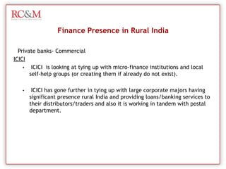 SBI has developed rural agricultural business units, education programmes for local farmers and “kisan” cards. SBI has gradually evolved to become the leader in agricultural finance with a portfolio of Rs. 18,000 crore in  loans to around 50 lakh farmers. Finance Presence in Rural IndiaNationalized Banks – Regional Rural Banks (RRB/ Gramin)SBIOne of their recent  endeavors is the tie-up with National Agricultural Cooperative Marketing Federation (NAFED) to  finance farmers for cultivation of various crops like soyabean, paddy, jute and potato.