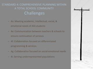 4a: Meeting academic, intellectual, social, & emotional needs of AIG students 4e: Communication between teachers & schools to ensure continuation of services 4f: Collaboration focused on differentiated programming & services 4g: Collaboration focused on social-emotional needs 4i: Serving underrepresented populations STANDARD 4: COMPREHENSIVE PLANNING WITHIN A TOTAL SCHOOL COMMUNITY   Challenges 