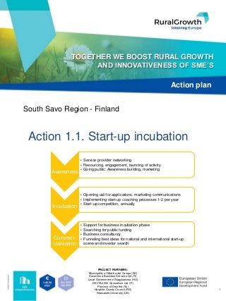 1
An interregional cooperation project for
improving SME competitiveness
policies
TOGETHER WE BOOST RURAL GROWTH
AND INNOVATIVENESS OF SME’S
Action plan
PROJECT PARTNERS:
Municipality of Medina del Campo (ES)
Savonlinna Business Services Ltd (FI)
Local Government of Nagykanizsa (HU)
DELTA 2000 Consortium Ltd (IT)
Province of Drenthe (NL)
Harghita County Council (RO)
Newcastle University (UK)
South Savo Region - Finland
Action 1.1. Start-up incubation
Awareness
• Service provider networking
• Resourcing, engagement, launcing of activity
• Going public: Awareness building, marketing
Incubation
• Opening call for applications, marketing communications
• Implementing start-up coaching processes 1-2 per year
• Start-up competition, annually
Commer-
cialization
• Support for business incubation phase
• Searching for public funding
• Business consultancy
• Funneling best ideas for national and international start-up
scene and investor search
 