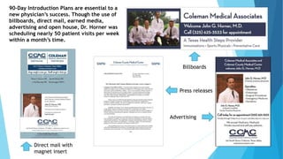 90-Day Introduction Plans are essential to a 
new physician’s success. Though the use of 
billboards, direct mail, earned media, 
advertising and open house, Dr. Horner was 
scheduling nearly 50 patient visits per week 
within a month’s time. 
Direct mail with 
magnet insert 
Billboards 
Press releases 
Advertising 
 