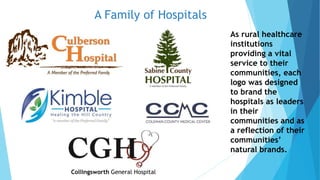 A Family of Hospitals 
Collingsworth General Hospital 
As rural healthcare 
institutions 
providing a vital 
service to their 
communities, each 
logo was designed 
to brand the 
hospitals as leaders 
in their 
communities and as 
a reflection of their 
communities’ 
natural brands. 
 