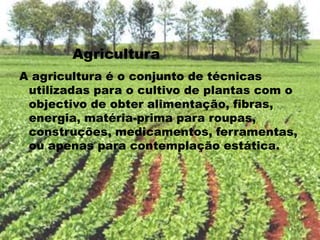  AgriculturaA agricultura é o conjunto de técnicas utilizadas para o cultivo de plantas com o objectivo de obter alimentação, fibras, energia, matéria-prima para roupas, construções, medicamentos, ferramentas, ou apenas para contemplação estática.