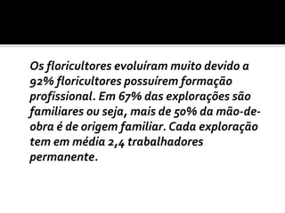 	Os floricultores evoluíram muito devido a 92% floricultores possuírem formação profissional. Em 67% das explorações são familiares ou seja, mais de 50% da mão-de-obra é de origem familiar. Cada exploração tem em média 2,4 trabalhadores permanente.