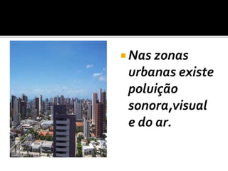Nas zonas urbanas existe poluição sonora,visual e do ar.