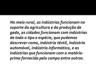 	No meio rural, as indústrias funcionam no suporte da agricultura e da produção de gado, as cidades funcionam com indústrias de todo o tipo e espécie, que pudemos descrever como, indústria têxtil, indústria automóvel, indústria informática, e as indústrias que funcionam com a matéria-prima fornecida pelo campo entre outros.