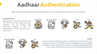 Aadhaar Authentication
Authentication
authentication is the process wherein the
UID, VID or UID Token along with other
att...