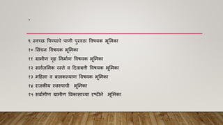 .
९ स्िच्छ वपण्याचे पािी पुरिठा विियक भूममका
१० मसांचन विियक भूममका
११ ग्रामीि गृह ननमााि विियक भूममका
१२ सािाजननक रस्ते ि हदिाबत्ती विियक भूममका
१३ महहला ि बालकल्याि विियक भूममका
१४ राजकीय स्िरुपाची भूममका
१५ सिाागीि ग्रामीि विकासाच्या दृष्ट्टीने भूममका
 