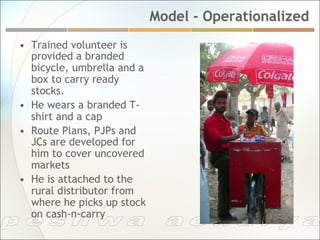 Model - Operationalized
•  Trained volunteer is
   provided a branded
   bicycle, umbrella and a
   box to carry ready
   stocks.
•  He wears a branded T-
   shirt and a cap
•  Route Plans, PJPs and
   JCs are developed for
   him to cover uncovered
   markets
•  He is attached to the
   rural distributor from
   where he picks up stock
   on cash-n-carry
 