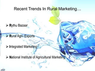 Recent Trends In Rural Marketing…
 Rythu Bazaar
 Rural Agri- Exports
 Integrated Marketing
 National Institute of Agricultural Marketing
 