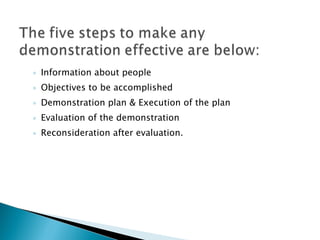 Information about people Objectives to be accomplished Demonstration plan & Execution of the plan Evaluation of the demonstration Reconsideration after evaluation. 