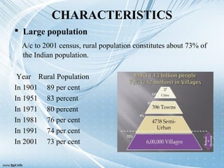 CHARACTERISTICS
 Large population
A/c to 2001 census, rural population constitutes about 73% of
the Indian population.
Year Rural Population
In 1901 89 per cent
In 1951 83 percent
In 1971 80 percent
In 1981 76 per cent
In 1991 74 per cent
In 2001 73 per cent
 