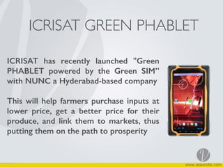 ICRISAT GREEN PHABLET
ICRISAT has recently launched "Green
PHABLET powered by the Green SIM”
with NUNC a Hyderabad-based company
This will help farmers purchase inputs at
lower price, get a better price for their
produce, and link them to markets, thus
putting them on the path to prosperity
 