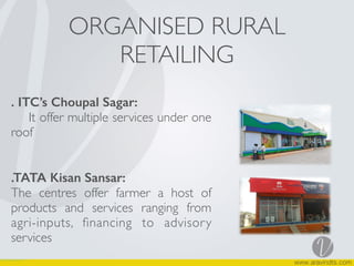 ORGANISED RURAL
RETAILING
. ITC’s Choupal Sagar:
It offer multiple services under one
roof
.TATA Kisan Sansar:
The centres offer farmer a host of
products and services ranging from
agri-inputs, ﬁnancing to advisory
services
 