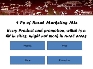 4 Ps of Rural Marketing Mix
Every Product and promotion, which is a
hit in cities, might not work in rural areas
Product Price
Place Promotion
 