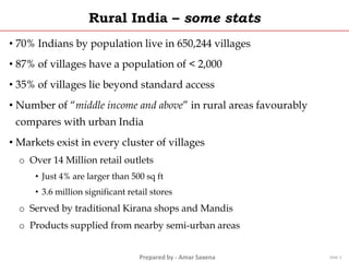 Prepared by - Amar Saxena
Rural India – some stats
• 70% Indians by population live in 650,244 villages
• 87% of villages have a population of < 2,000
• 35% of villages lie beyond standard access
• Number of “middle income and above” in rural areas favourably
compares with urban India
• Markets exist in every cluster of villages
o Over 14 Million retail outlets
• Just 4% are larger than 500 sq ft
• 3.6 million significant retail stores
o Served by traditional Kirana shops and Mandis
o Products supplied from nearby semi-urban areas
Slide 3
 