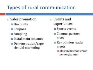 Types of rural communication
 Sales promotion
 Discounts
 Coupons
 Sampling
 Installment schemes
 Demonstration/expe
riential marketing
 Events and
experiences
 Sports events
 Channel partner
meet
 Key opinion leader
meets
 Mason/mechanic/car
penter/painter
 