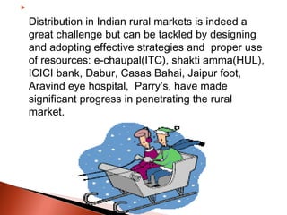 

    Distribution in Indian rural markets is indeed a
    great challenge but can be tackled by designing
    and adopting effective strategies and  proper use
    of resources: e-chaupal(ITC), shakti amma(HUL),
    ICICI bank, Dabur, Casas Bahai, Jaipur foot,
    Aravind eye hospital, Parry’s, have made
    significant progress in penetrating the rural
    market.
 