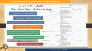 Table 1
Factor Loadings for Varimax Six-Factor Solution
Factor and item
Factor,
loading Eigenvalue
%
Variance
Mean factor
score
Factor 1: Therapeutic Relationship Problems 6.46 15.72 .27
33. The therapist didn’t seem to be doing the right things. .90
31. The therapist didn’t seem to understand. .83
30. The therapist didn’t talk about the right problems. .77
35. My child’s treatment was not clearly explained to me. .73
32. My child or I didn’t like the therapist. .70
34. The therapist didn’t seem to be helping. .69
36. One or more of the staff members did not seem
competent. .65
28. There was something we did not like about one or
more of the staff members. .55
40. I felt that the therapist or staff did not spend enough
time with my child alone. .55
41. I felt that the therapist or staff did not spend enough
time with my child and other family members
together. .54
39. I felt that the therapist or staff did not spend enough
time with me alone. .54
16. I decided that going to the clinic would not help my
child. .51
29. There was something about the clinic that my child or
I did not like. .45
37. We waited too long at appointments. .45
38. No one would see us at our appointments. .42
Factor 2: Family and Clinic Practical Problems 2.96 7.22 .13
26. We had family problems that prevented us from
going. .59
2. Someone in the family got sick. .47
38. No one would see us at our appointments. .46
21. We moved away from the area. .42
41. Therapist didn’t spend enough time with the family. .41
37. We waited too long at appointments. .41
39. The therapist didn’t spend enough time with us alone. .37
4. We didn’t know how to get to the clinic. .37
18. We had transportation problems. .35
22. It was too hard to make babysitting arrangements for
my other children. .35
Factor 3: Staff and Appointment Problems 2.44 5.96 .26
14. The staff member I talked to on the phone did not
seem very nice, or did not seem interested in helping. .80
15. The staff member I talked to on the phone did not
seem very competent. .72
28. There was something we did not like about one or
more of the staff members. .43
5. The appointment they gave us was too far in the
future. .42
13. I found another counselor or clinic to help my child. .39
7. The appointment they gave us interfered with my
work schedule. .36
6. The appointment they gave us interfered with my
child’s school. .36
Factor 4: Time and Effort Concerns 1.94 4.74 .19
24. We didn’t have enough time. .79
3. I felt that too much travel time was involved. .66
23. It took too much effort to go. .57
7. The appointment interfered with my work schedule. .35
Factor 5: Treatment Not Needed 1.79 4.38 .30
25. We decided that things were ok after all—that my
child didn’t really need to change. .74
10. I felt that help was no longer necessary because my
child got better. .63
12. I didn’t really feel that my child had a problem. .58
Factor 6: Money Issues 1.38 3.38 .17
27. I had a misunderstanding with the clinic over the
payment of fees. .75
17. The services cost too much. .49
441BRIEF REPORTS
Garcia & Weisz (2002):
When Youth Mental Health Care Stops
Therapist didn’t do the right things
My child and I didn’t like the therapist
One or more staff members did not seem competent
Family Issues prevented us from going
(i.e. Sickness, babysitter, transport)
The staff member I talked to on the phone did
not seem very nice or interested in helping
I found another counselor or clinic to help
The services cost too much
We decided things were ok after all
8th	Australian	Rural	&	Remote	Mental	Health	Symposium	
www.anzmh.asn.au/rrmh	
 