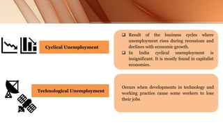 Cyclical Unemployment
 Result of the business cycles where
unemployment rises during recessions and
declines with economic growth.
 In India cyclical unemployment is
insignificant. It is mostly found in capitalist
economies.
Technological Unemployment
Occurs when developments in technology and
working practice cause some workers to lose
their jobs
 