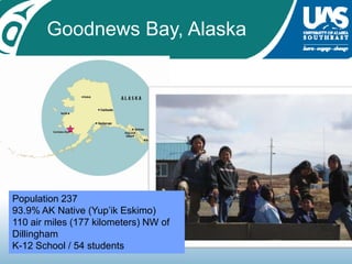 Goodnews Bay, AlaskaPopulation 23793.9% AK Native (Yup’ik Eskimo)110 air miles (177 kilometers) NW of DillinghamK-12 School / 54 students 