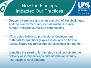 Librarians must be aware of the issues specific to our bush community consumers and follow up with resources after they leave the university.