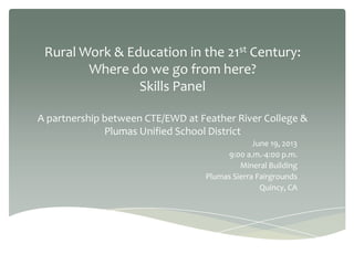 Rural Work & Education in the 21st Century:
Where do we go from here?
Skills Panel
A partnership between CTE/EWD at Feather River College &
Plumas Unified School District
June 19, 2013
9:00 a.m.-4:00 p.m.
Mineral Building
Plumas Sierra Fairgrounds
Quincy, CA
 