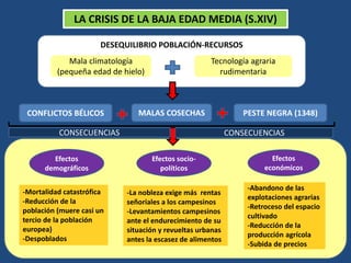 LA CRISIS DE LA BAJA EDAD MEDIA (S.XIV)
DESEQUILIBRIO POBLACIÓN-RECURSOS
Mala climatología
(pequeña edad de hielo)
Tecnología agraria
rudimentaria
MALAS COSECHASCONFLICTOS BÉLICOS PESTE NEGRA (1348)
Efectos
demográficos
Efectos
económicos
Efectos socio-
políticos
-Mortalidad catastrófica
-Reducción de la
población (muere casi un
tercio de la población
europea)
-Despoblados
-La nobleza exige más rentas
señoriales a los campesinos
-Levantamientos campesinos
ante el endurecimiento de su
situación y revueltas urbanas
antes la escasez de alimentos
-Abandono de las
explotaciones agrarias
-Retroceso del espacio
cultivado
-Reducción de la
producción agrícola
-Subida de precios
CONSECUENCIAS CONSECUENCIAS
 