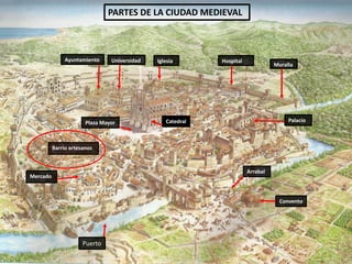 Ayuntamiento Universidad Iglesia Hospital
Palacio
Muralla
CatedralPlaza Mayor
Barrio artesanos
Mercado
Convento
Puerto
PARTES DE LA CIUDAD MEDIEVAL
Arrabal
L
 