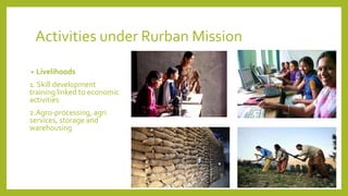 Activities under Rurban Mission
• Livelihoods
1. Skill development
training linked to economic
activities
2.Agro‐processing, agri
services, storage and
warehousing
 