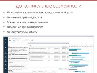 13
Дополнительные возможности
 Интеграция с системами проектного документооборота
 Управление правами доступа
 Совместная работа над проектами
 Управление архивом проектов
 Конфигурируемые отчёты
 