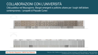 COLLABORAZIONI CON L’UNIVERSITÀ
Città pubblica nel Mezzogiorno. Bisogni emergenti e politiche urbane per i luoghi dell’abitare
contemporaneo. I prospetti di Piazzale Cuneo
Tratto da «Città Pubblica nel Mezzogiorno. Bisogni emergenti e politiche urbane per i luoghi dell’abitare
Contemporaneo» di Longo, Mellacqua, Palmieri, Pellicani , Scarpelli, Susca
avv. Sandra Zappatore, ARCA Sud Salento
 