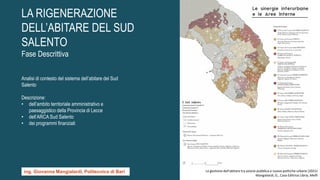 La gestione dell'abitare tra azione pubblica e nuove politiche urbane (2021)
Mangialardi, G., Casa Editrice Libria, Melfi
LA RIGENERAZIONE
DELL’ABITARE DEL SUD
SALENTO
Fase Descrittiva
ing. Giovanna Mangialardi, Politecnico di Bari
Analisi di contesto del sistema dell’abitare del Sud
Salento
Descrizione:
• dell’ambito territoriale amministrativo e
paesaggistico della Provincia di Lecce
• dell’ARCA Sud Salento
• dei programmi finanziati
 