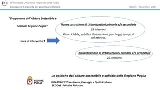 Ottobre – Novembre 2021
III Rassegna Urbanistica Regionale della Puglia
Conoscere il presente per pianificare il futuro
Le politiche dell'abitare sostenibile e solidale della Regione Puglia
DIPARTIMENTO Ambiente, Paesaggio e Qualità Urbana
SEZIONE Politiche Abitative
“Programma dell'Abitare Sostenibile e
Solidale Regione Puglia”
Linea di Intervento 2
Nuova costruzione di Urbanizzazioni primarie e/o secondarie
18 interventi
Pista ciclabile, pubblica illuminazione, parcheggi, campo di
calcetto ecc.
Riqualificazione di Urbanizzazioni primarie e/o secondarie
26 interventi
 